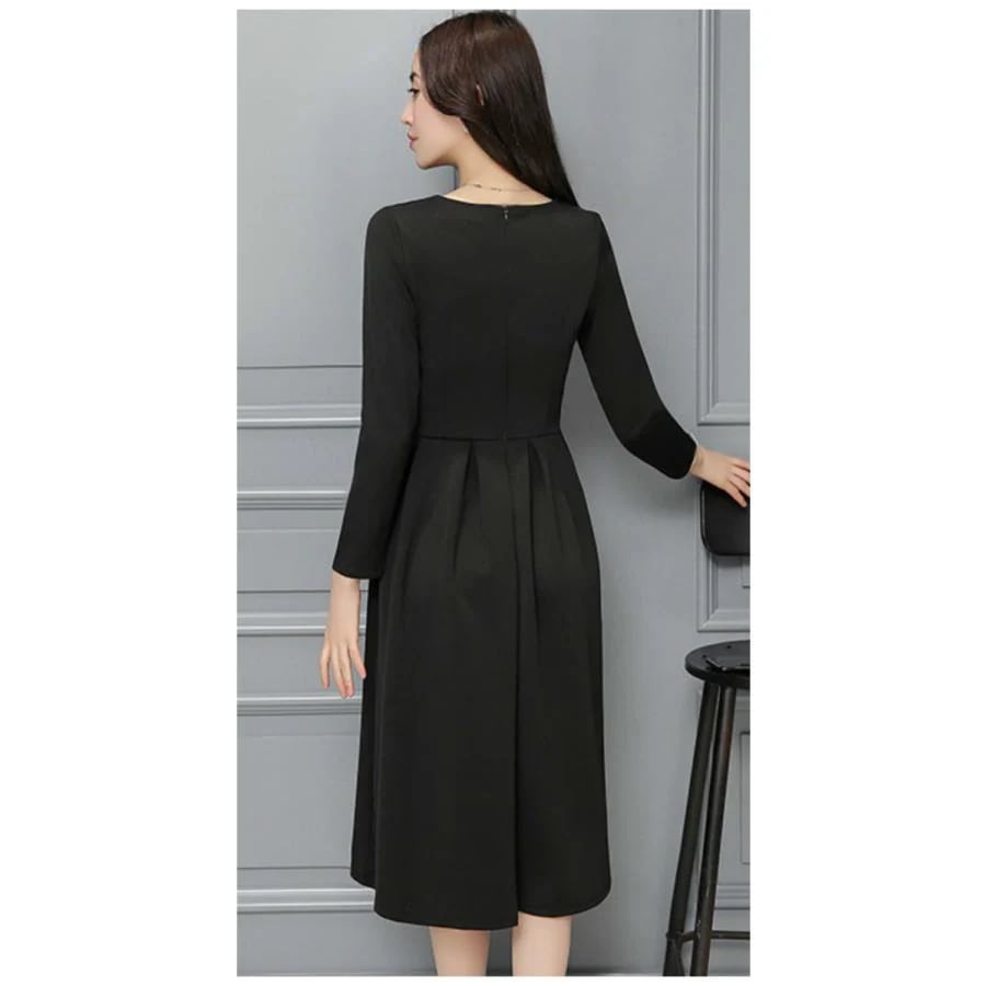 ブラック フォーマル ワンピース 喪服 礼服 きれいめ 黒 クルーネック フレア Aライン ドレス ひざ丈 長袖 代 30代 40代 50代 レディース 無