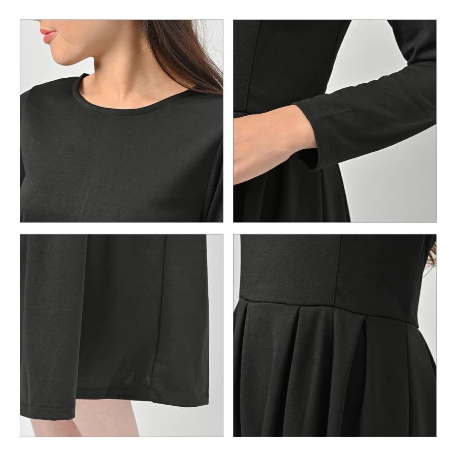 ブラック フォーマル ワンピース 喪服 礼服 きれいめ 黒 クルーネック フレア Aライン ドレス ひざ丈 長袖 代 30代 40代 50代 レディース 無