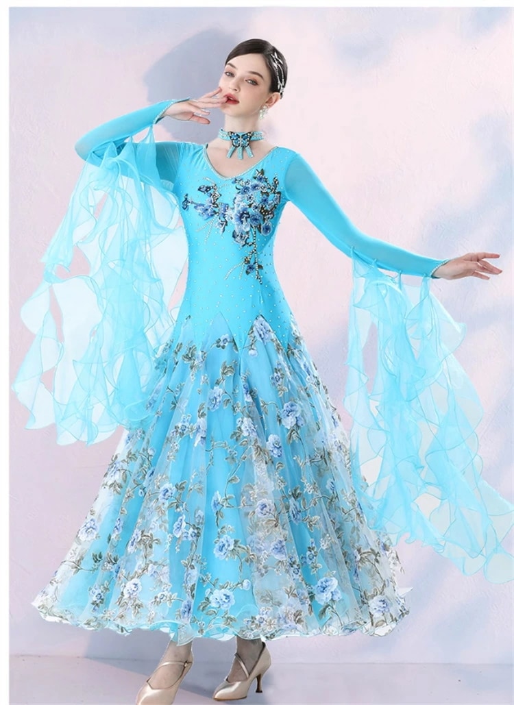 水色 ロングスリーブ 社交ダンスドレス スタンダードドレス 社交ダンス