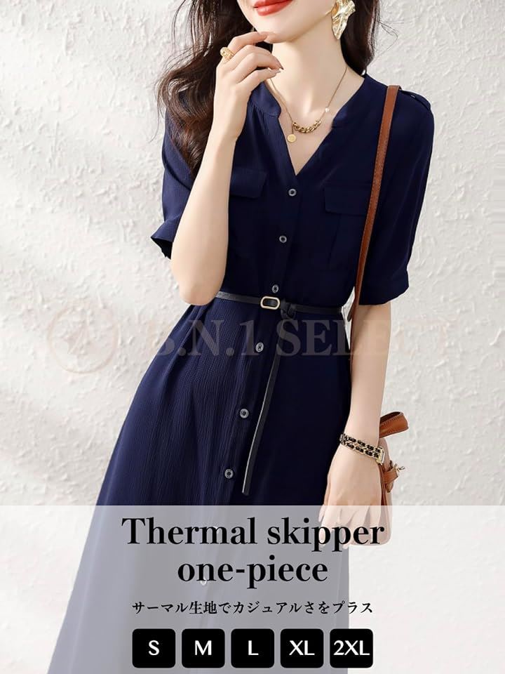 サーマル ワンピース スキッパー きれいめ カジュアル 半袖 膝丈 春 夏 秋 レディース( ネイビー, S) サーマル ワンピース スキッパー きれいめ カジュアル 半袖 膝丈 春 夏 秋 レディース( ネイビー, S)