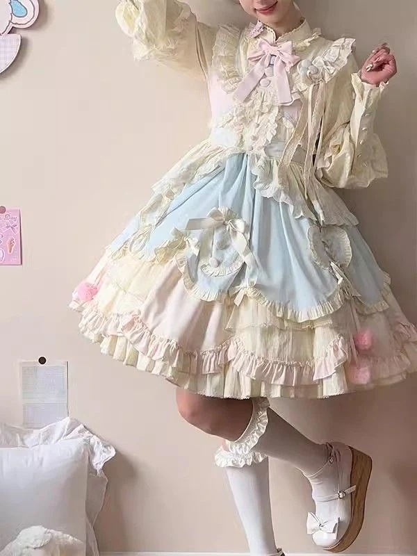 ドーパミンブルーパウダーかわいい甘いロリータ長袖ショートドレスop Puffyプリンセススカート秋と冬のスタイル ドーパミンブルーパウダーかわいい甘いロリータ長袖ショートドレスop Puffyプリンセススカート秋と冬のスタイル