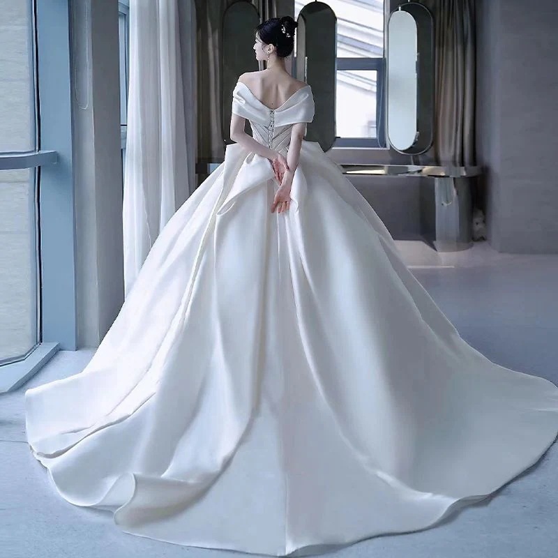 ワンショルダーサテンウェディングドレス花嫁2025小さいプラスサイズ妊婦ハイエンドフォレストスタイル ワンショルダーサテンウェディングドレス花嫁2025小さいプラスサイズ妊婦ハイエンドフォレストスタイル