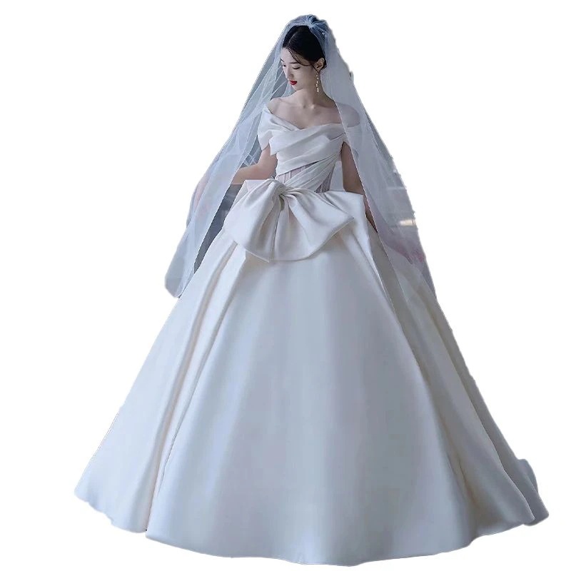 ワンショルダーサテンウェディングドレス花嫁2025小さいプラスサイズ妊婦ハイエンドフォレストスタイル ワンショルダーサテンウェディングドレス花嫁2025小さいプラスサイズ妊婦ハイエンドフォレストスタイル