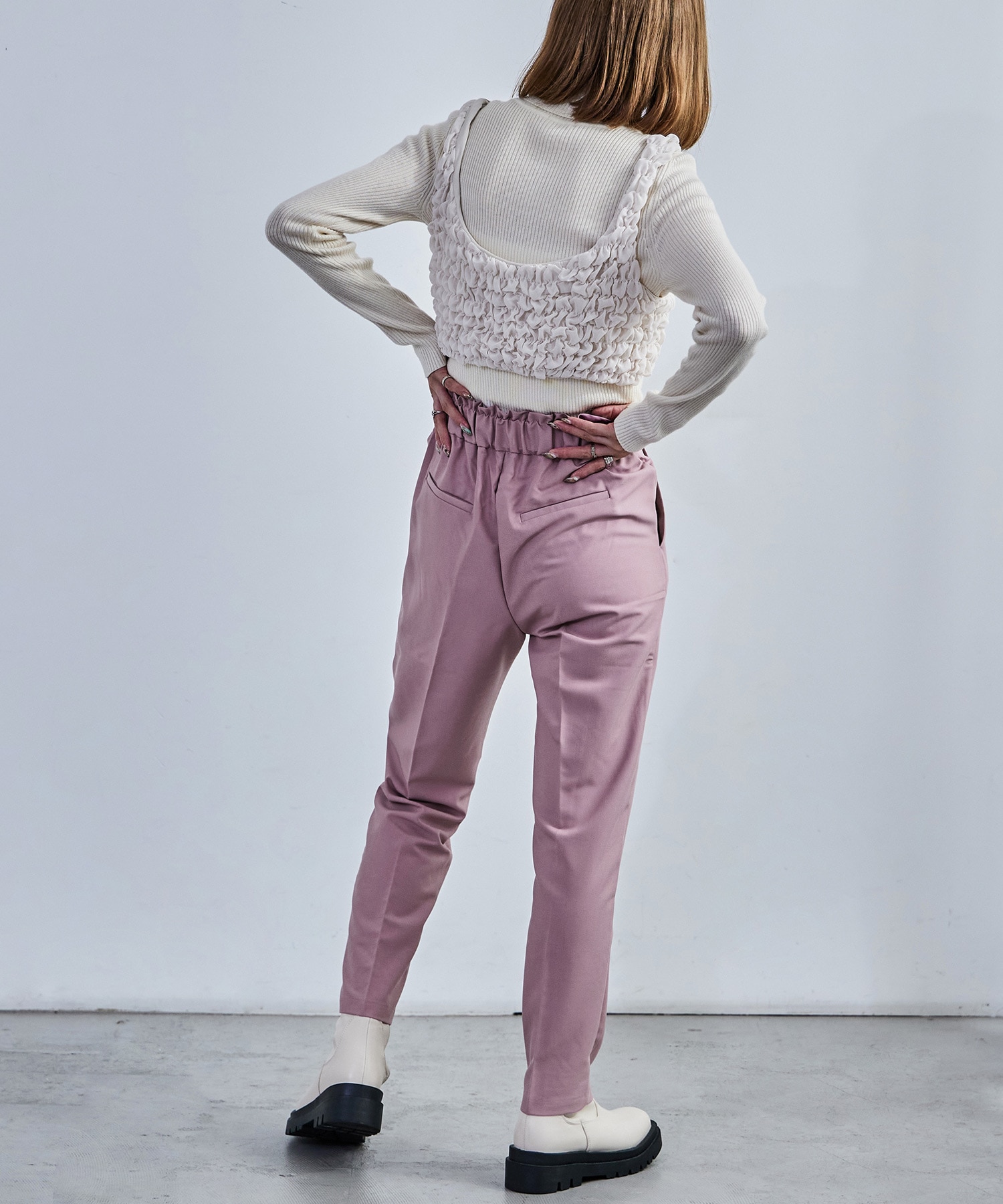 ハイウエストテーパードスラックス スラックス ハイウエスト タック テーパード レディース ウエストゴム カラバリ豊富 春夏 秋冬 オールシーズン ボトムス スタイルアップ 美脚見せ 低身長