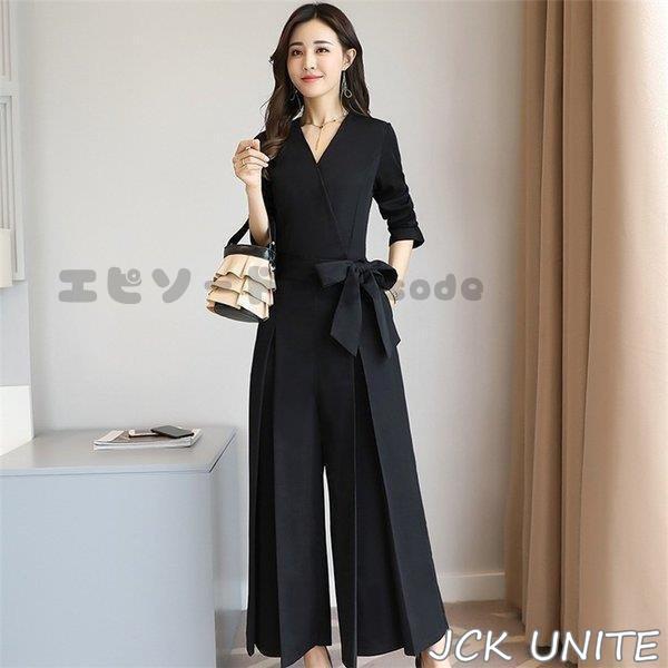 オールインワン パンツドレス 結婚式 パーティードレス ワイドパンツ Vネック 長袖 春秋 オールインワン ガウチョ フォーマル パンツドレス お呼ばれ