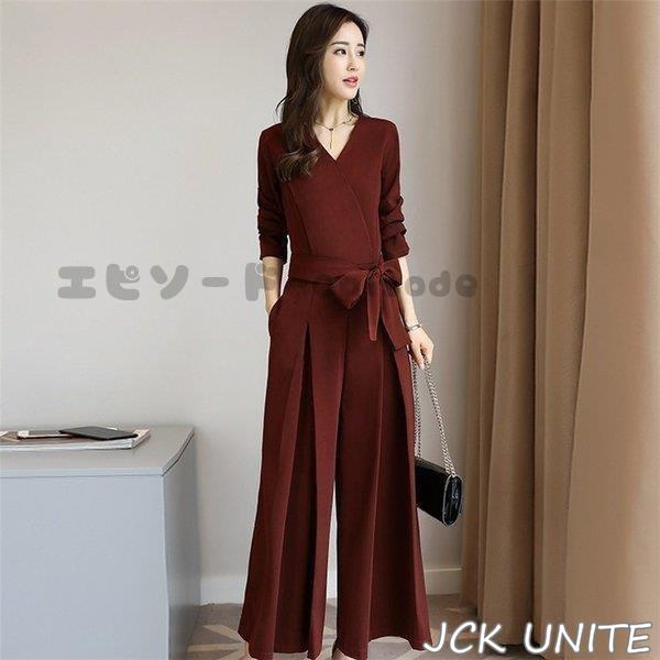 オールインワン パンツドレス 結婚式 パーティードレス ワイドパンツ Vネック 長袖 春秋 オールインワン ガウチョ フォーマル パンツドレス お呼ばれ