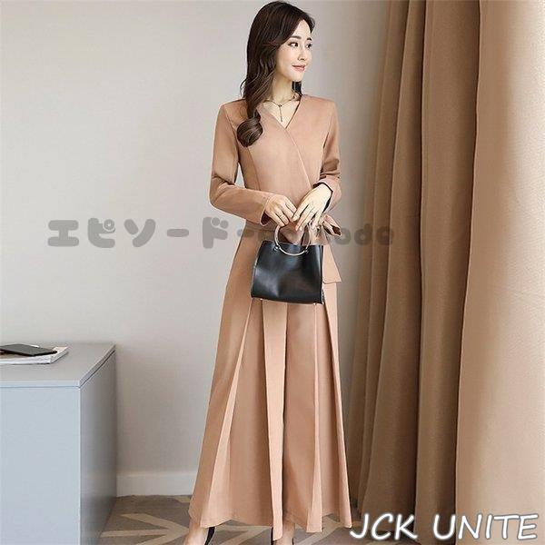 オールインワン パンツドレス 結婚式 パーティードレス ワイドパンツ Vネック 長袖 春秋 オールインワン ガウチョ フォーマル パンツドレス お呼ばれ