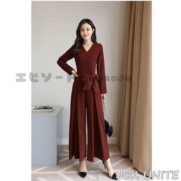 オールインワン パンツドレス 結婚式 パーティードレス ワイドパンツ Vネック 長袖 春秋 オールインワン ガウチョ フォーマル パンツドレス お呼ばれ