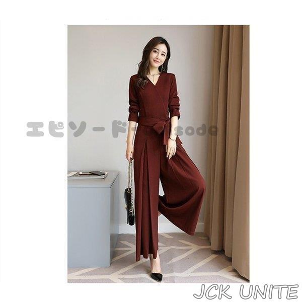 オールインワン パンツドレス 結婚式 パーティードレス ワイドパンツ Vネック 長袖 春秋 オールインワン ガウチョ フォーマル パンツドレス お呼ばれ
