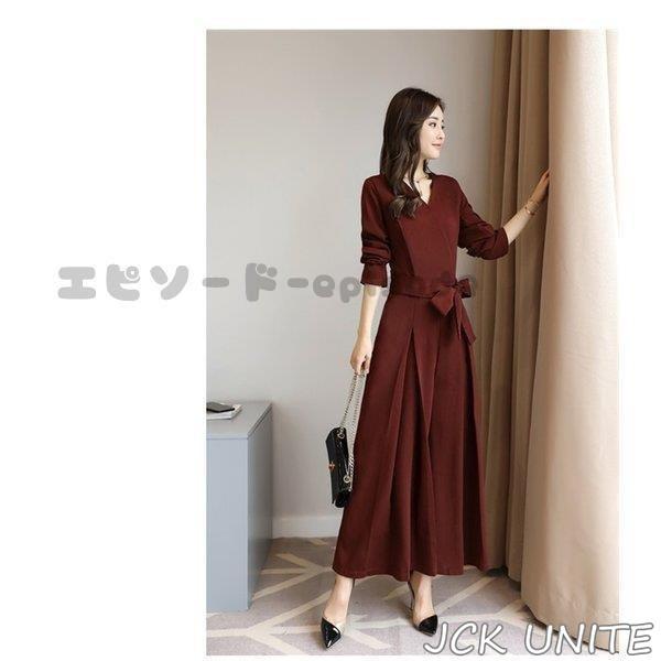 オールインワン パンツドレス 結婚式 パーティードレス ワイドパンツ Vネック 長袖 春秋 オールインワン ガウチョ フォーマル パンツドレス お呼ばれ