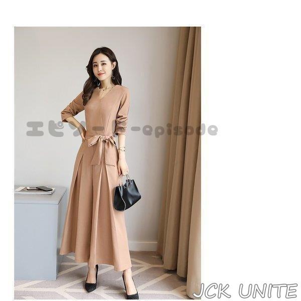 オールインワン パンツドレス 結婚式 パーティードレス ワイドパンツ Vネック 長袖 春秋 オールインワン ガウチョ フォーマル パンツドレス お呼ばれ