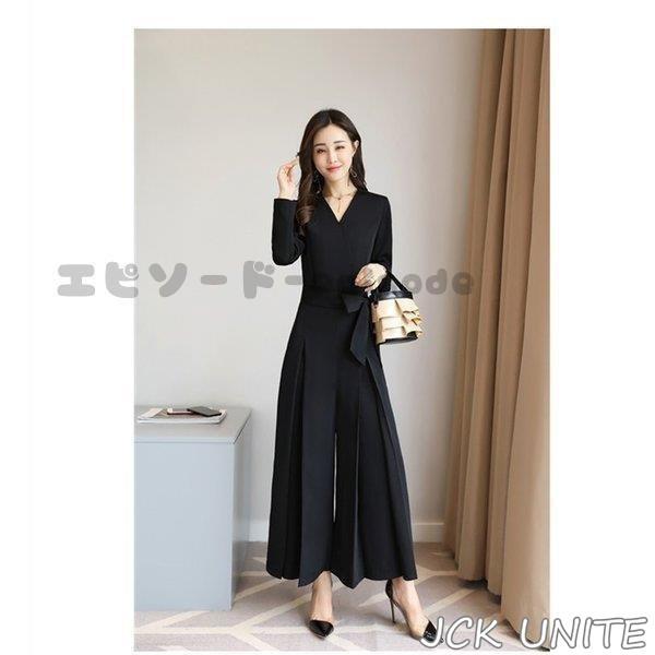 オールインワン パンツドレス 結婚式 パーティードレス ワイドパンツ Vネック 長袖 春秋 オールインワン ガウチョ フォーマル パンツドレス お呼ばれ