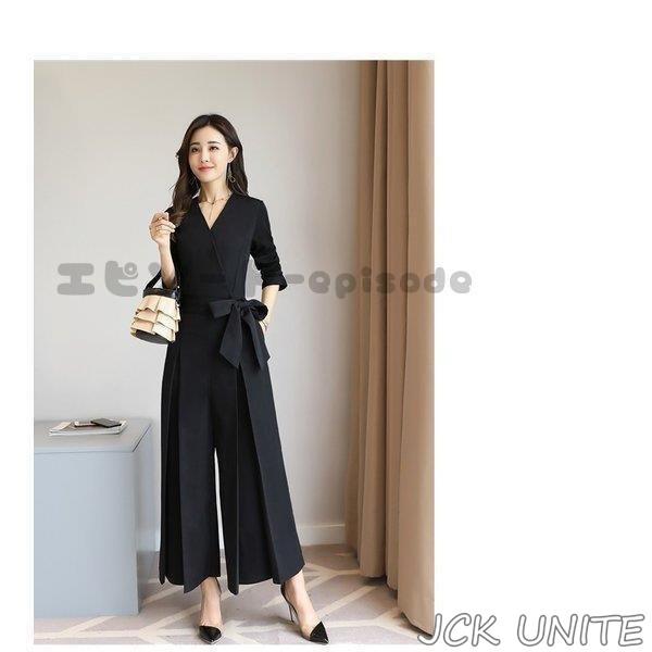 オールインワン パンツドレス 結婚式 パーティードレス ワイドパンツ Vネック 長袖 春秋 オールインワン ガウチョ フォーマル パンツドレス お呼ばれ