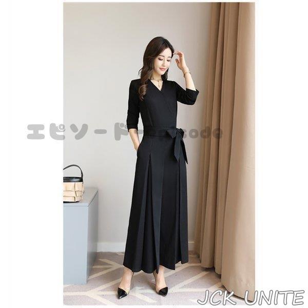 オールインワン パンツドレス 結婚式 パーティードレス ワイドパンツ Vネック 長袖 春秋 オールインワン ガウチョ フォーマル パンツドレス お呼ばれ