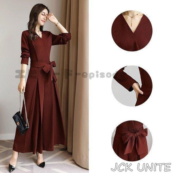 オールインワン パンツドレス 結婚式 パーティードレス ワイドパンツ Vネック 長袖 春秋 オールインワン ガウチョ フォーマル パンツドレス お呼ばれ