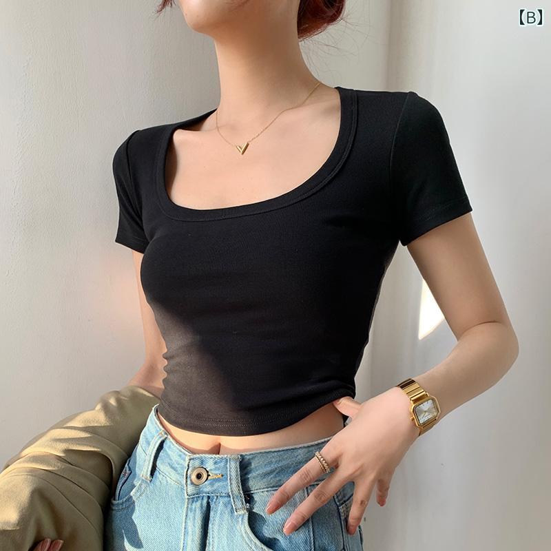 トップス レディース スクエアネック かわいい おしゃれ 半袖 Tシャツ ガール カジュアル 綿 夏 スリムフィット 無地 ショート ベージュ 黒 赤 トップス レディース スクエアネック かわいい おしゃれ 半袖 Tシャツ ガール カジュアル 綿 夏 スリムフィット 無地 ショート ベージュ 黒 赤