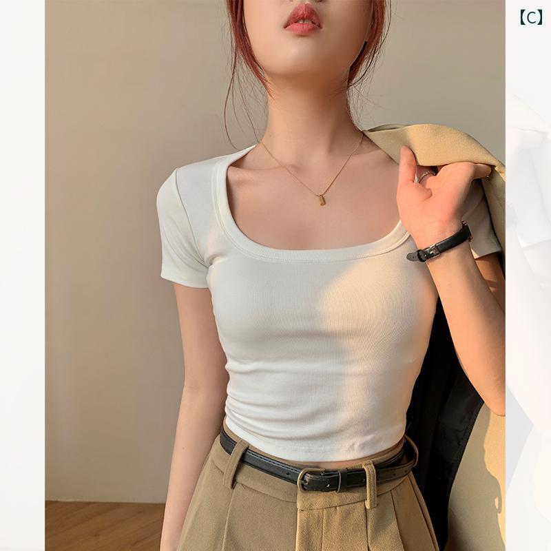 トップス レディース スクエアネック かわいい おしゃれ 半袖 Tシャツ ガール カジュアル 綿 夏 スリムフィット 無地 ショート ベージュ 黒 赤 トップス レディース スクエアネック かわいい おしゃれ 半袖 Tシャツ ガール カジュアル 綿 夏 スリムフィット 無地 ショート ベージュ 黒 赤