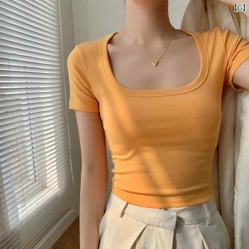 トップス レディース スクエアネック かわいい おしゃれ 半袖 Tシャツ ガール カジュアル 綿 夏 スリムフィット 無地 ショート ベージュ 黒 赤 トップス レディース スクエアネック かわいい おしゃれ 半袖 Tシャツ ガール カジュアル 綿 夏 スリムフィット 無地 ショート ベージュ 黒 赤