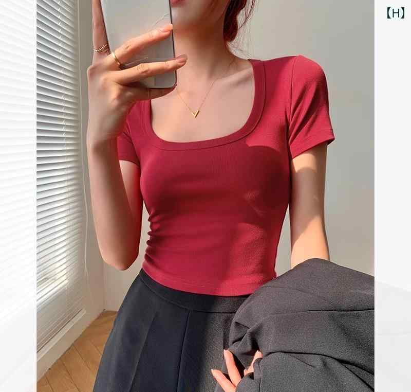 トップス レディース スクエアネック かわいい おしゃれ 半袖 Tシャツ ガール カジュアル 綿 夏 スリムフィット 無地 ショート ベージュ 黒 赤 トップス レディース スクエアネック かわいい おしゃれ 半袖 Tシャツ ガール カジュアル 綿 夏 スリムフィット 無地 ショート ベージュ 黒 赤