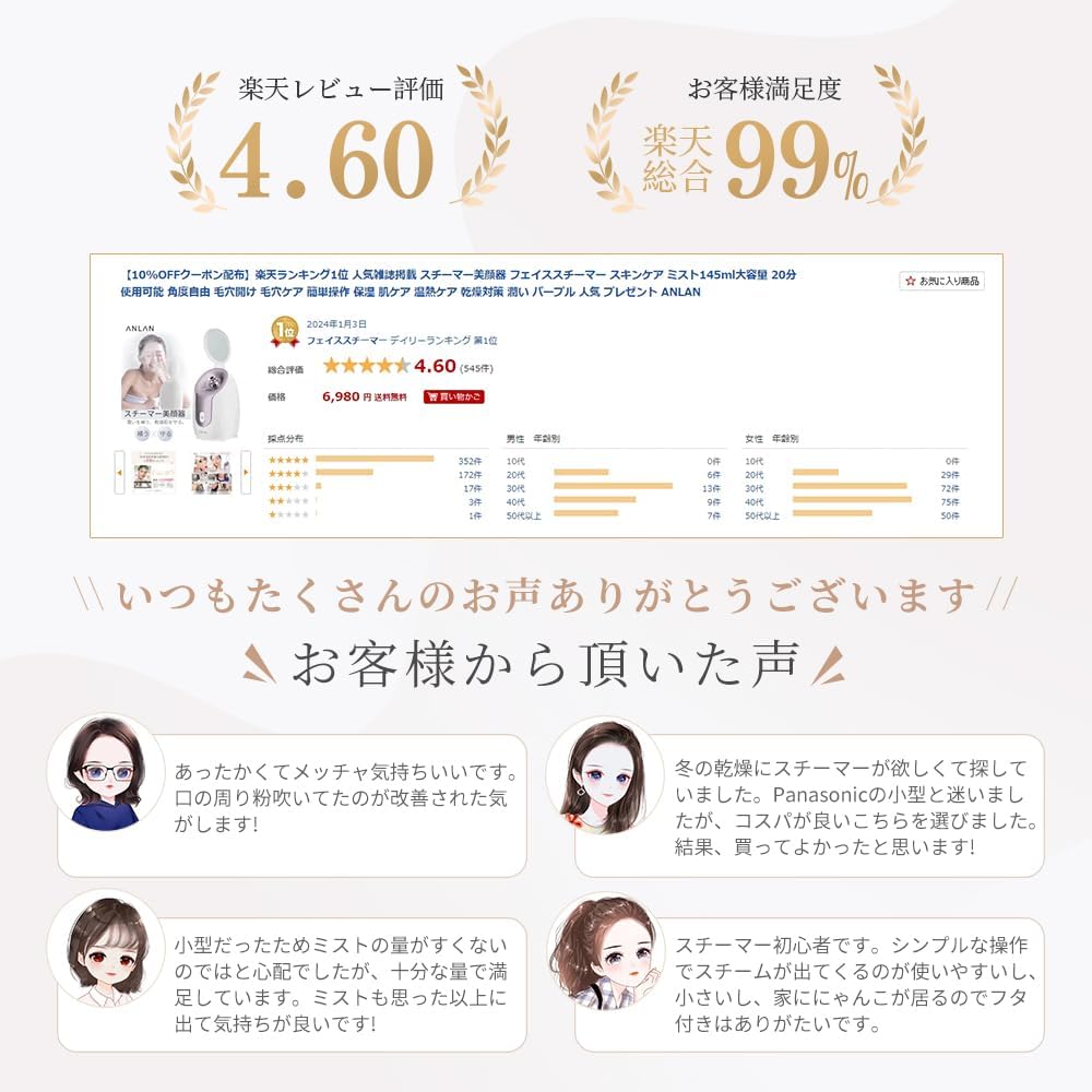 【美人百花微粒子化スチーマー美顔器部門NO1】ANLAN フェイススチーマー 美顔器 スチーマー 濃密ナノミスト 温熱ケア 美容 保湿 水道水OK 鏡 ノズル調節可能 コンパクト 毛穴ケアスチーマー