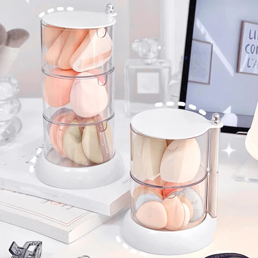 【超お得1つ買うと10個もらえる】[今日は安い-出荷が早い]パフ収納 360度回転 パフケース クリア 収納トレイ 2段3段4段回転収納ボックス 透明 化粧コットンケース