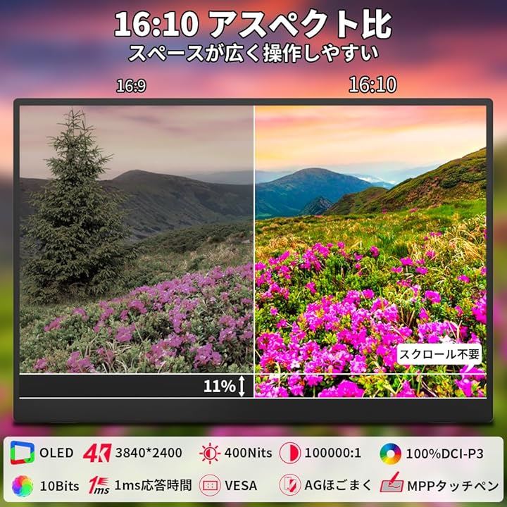 モバイルモニター 4k 有機 16 インチ タッチペン対応 黄金比16:103840x2400で 色深度10bit 色空間 DCI-P3(ブラック, 16インチ4K有機el タッチ) モバイルモニター 4k 有機 16 インチ タッチペン対応 黄金比16:103840x2400で 色深度10bit 色空間 DCI-P3(ブラック, 16インチ4K有機el タッチ)