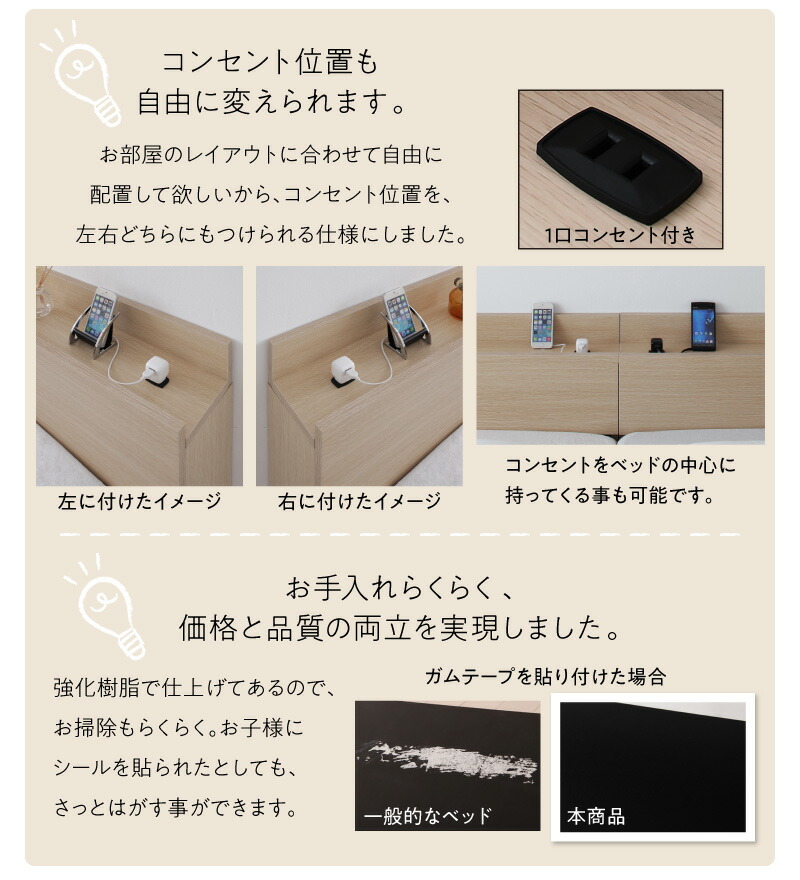 [組立設置付]分割しても使える 棚付き 大型連結ベッド [ブリッサ] [プレミアムポケットコイルマットレス付き] ワイドK240（S＋D） [フレーム]オークホワイト [マットレス]ホワイト