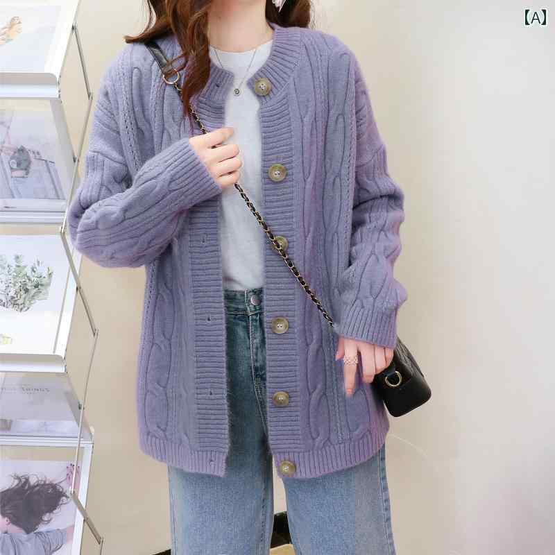 ニット レディース カーディガン おしゃれ カジュアル 大きめサイズ セーター 秋冬 アウター レトロ 厚手 ツイスト パープル