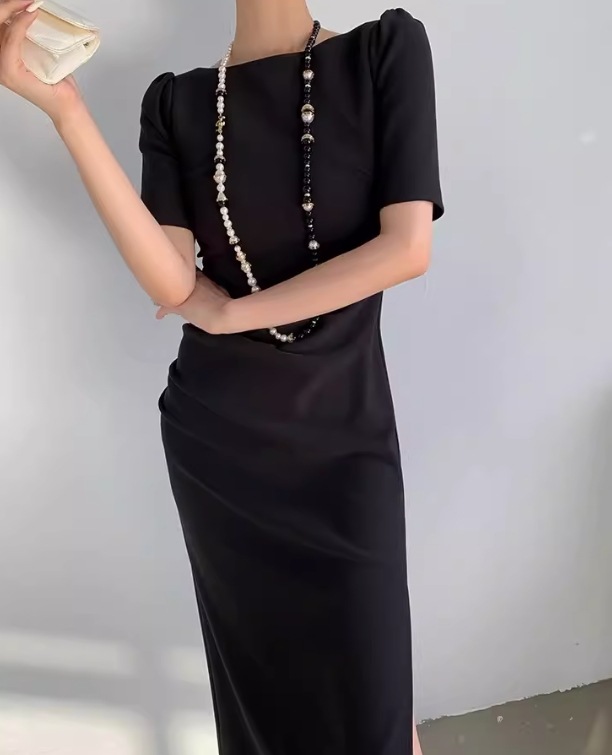 ドレス ワンピース ウェディング パーティー 結婚式 二次会 披露宴 演奏会 発表会 ステージ 舞台 フォーマル 衣装 ミモレ 半袖 ラウンドネック タイト スリム 細身 Iライン スリット