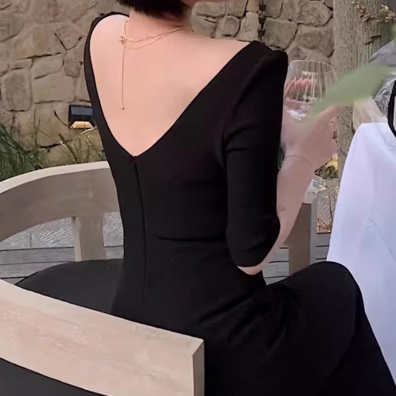 ドレス ワンピース ウェディング パーティー 結婚式 二次会 披露宴 演奏会 発表会 ステージ 舞台 フォーマル 衣装 ミモレ 半袖 ラウンドネック タイト スリム 細身 Iライン スリット