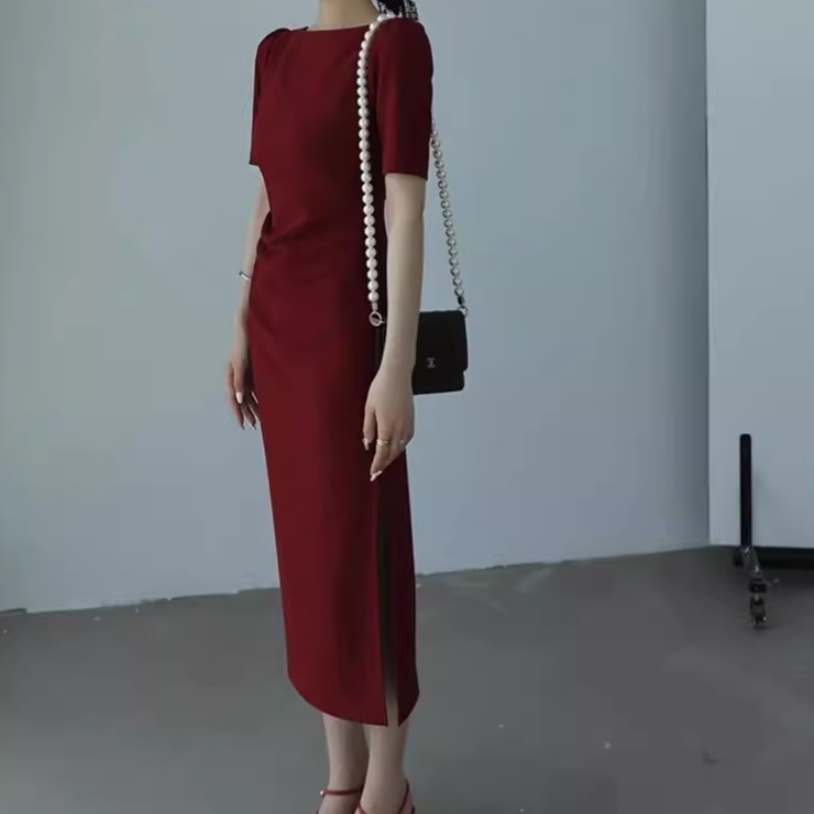 ドレス ワンピース ウェディング パーティー 結婚式 二次会 披露宴 演奏会 発表会 ステージ 舞台 フォーマル 衣装 ミモレ 半袖 ラウンドネック タイト スリム 細身 Iライン スリット