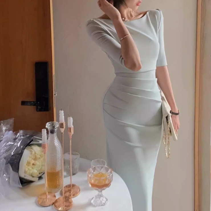 ドレス ワンピース ウェディング パーティー 結婚式 二次会 披露宴 演奏会 発表会 ステージ 舞台 フォーマル 衣装 ミモレ 半袖 ラウンドネック タイト スリム 細身 Iライン スリット