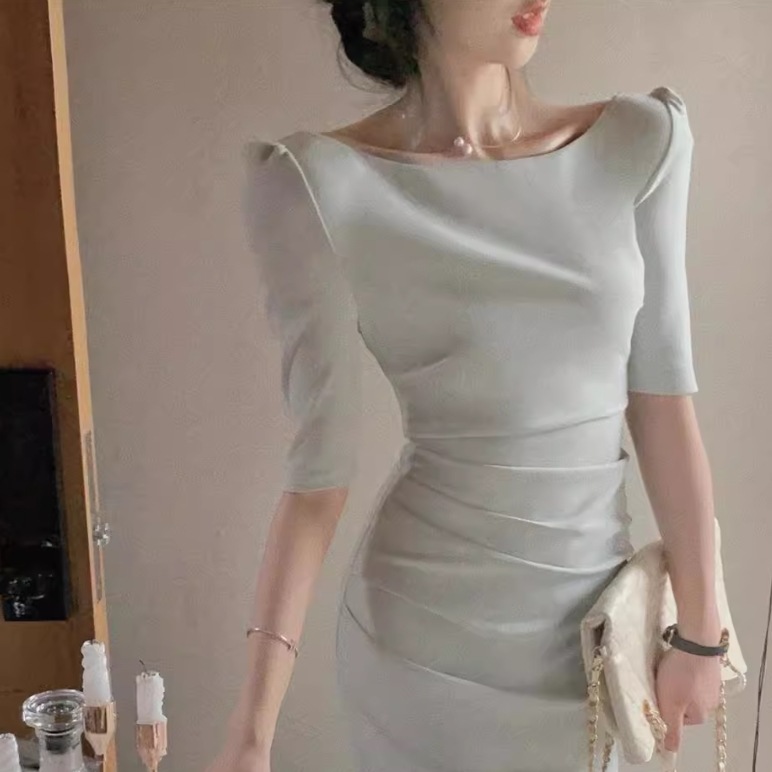 ドレス ワンピース ウェディング パーティー 結婚式 二次会 披露宴 演奏会 発表会 ステージ 舞台 フォーマル 衣装 ミモレ 半袖 ラウンドネック タイト スリム 細身 Iライン スリット