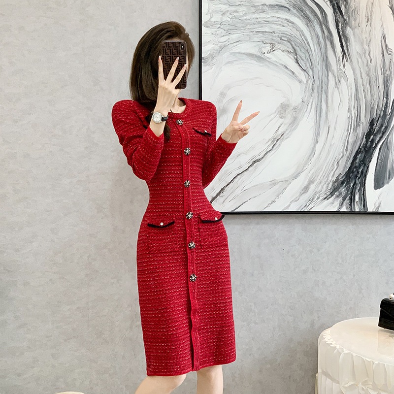 2022秋冬新作おしゃれ気質スリム丸首純色ニットセーターミディアムワンピース女-853