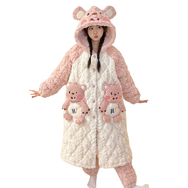 秋冬のサンゴの絨毯の三層の綿を挟んで寝ている服の女性とベルベットの厚い冬のバスローブのパジャマの新しい家庭服
