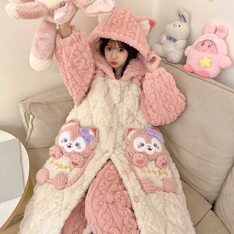 秋冬のサンゴの絨毯の三層の綿を挟んで寝ている服の女性とベルベットの厚い冬のバスローブのパジャマの新しい家庭服