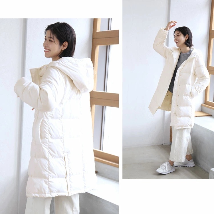 洗える ダウンコート レディース Filomo ブランド フード付き リブ袖 オフホワイト 白 2023 ロング 50代 40代 ロング丈 80% 暖かい おしゃれ ダウン コート アウター 秋冬 洗