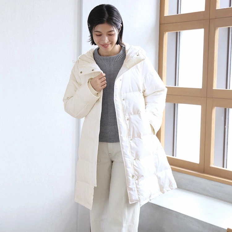 洗える ダウンコート レディース Filomo ブランド フード付き リブ袖 オフホワイト 白 2023 ロング 50代 40代 ロング丈 80% 暖かい おしゃれ ダウン コート アウター 秋冬 洗