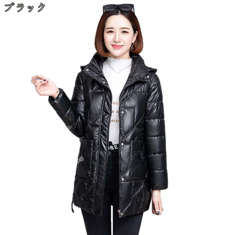 中綿 ダウンコート コート レディース 冬 ダウンジャケット ミドルコート 大きめ ポケット付き フード付 アウター ファスナー 厚手 暖かい 防寒 カジュアル おしゃれ 無地 コーデ 楽ちん リラッ