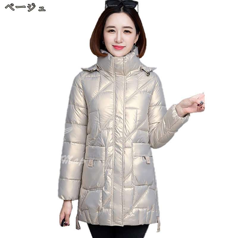 中綿 ダウンコート コート レディース 冬 ダウンジャケット ミドルコート 大きめ ポケット付き フード付 アウター ファスナー 厚手 暖かい 防寒 カジュアル おしゃれ 無地 コーデ 楽ちん リラッ