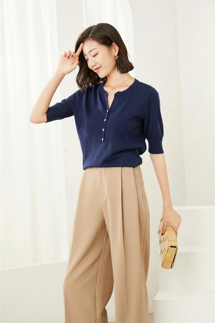 トップス レディース 五分丈袖 WOOL ウール 薄手 Vネック 無地 オフィス 通勤 カットソー キレイめ 肌着 細見え効果あるリブニット 柔らかい ストレッチ性 シンプル 春 秋 温活 保温 暖か