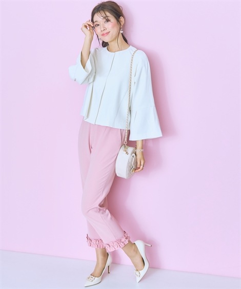 ロングパンツ 大きいサイズ 異素材フリル裾パール調テーパードパンツ　marun