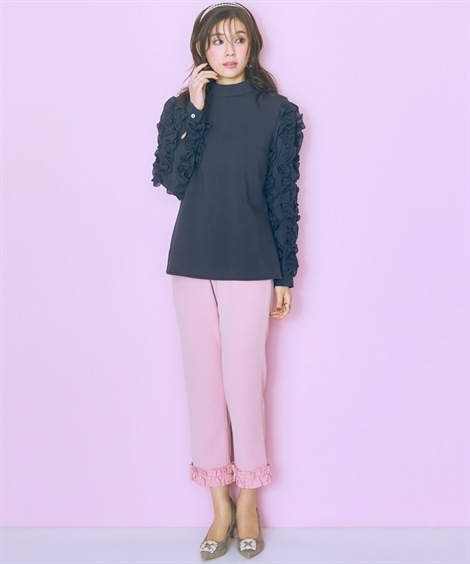 ロングパンツ 大きいサイズ 異素材フリル裾パール調テーパードパンツ　marun