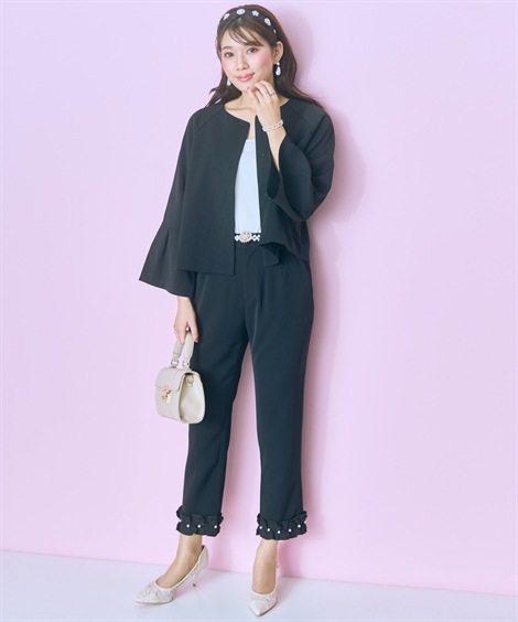 ロングパンツ 大きいサイズ 異素材フリル裾パール調テーパードパンツ　marun