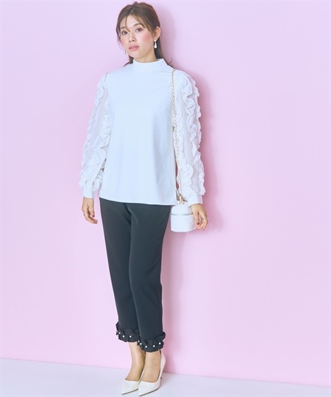 ロングパンツ 大きいサイズ 異素材フリル裾パール調テーパードパンツ　marun