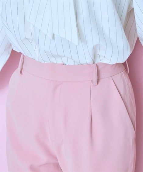 ロングパンツ 大きいサイズ 異素材フリル裾パール調テーパードパンツ　marun