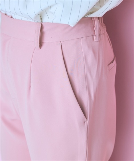 ロングパンツ 大きいサイズ 異素材フリル裾パール調テーパードパンツ　marun