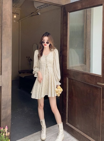 レディース ワンピース ミニ ショート 膝上 長袖 Vネック フレア Aライン かわいい 大人可愛い カジュアル おしゃれ ラフ ガーリー ルーズ フォーマル とろみ感 ヴィンテージ ラブリー