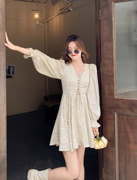 レディース ワンピース ミニ ショート 膝上 長袖 Vネック フレア Aライン かわいい 大人可愛い カジュアル おしゃれ ラフ ガーリー ルーズ フォーマル とろみ感 ヴィンテージ ラブリー