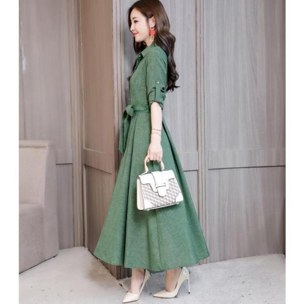 ワンピース レディース シャツワンピース Aライン マキシ丈 ロング 無地 長袖 フレア ワンピース レディース シャツワンピース Aライン マキシ丈 ロング 無地 長袖 フレア